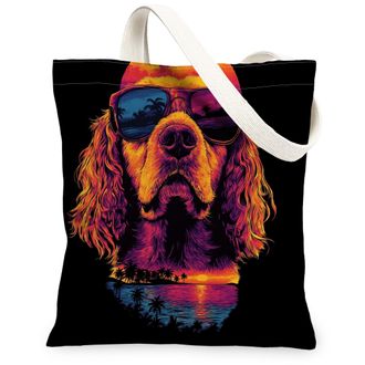 Generic Summer American Cocker Spaniel Dog Canvas Tote Bag for Shopping 13x15, Cool Beach Coastal Puppy Reusable Grocery Print Pattern Bag for Women, Retro Pe
