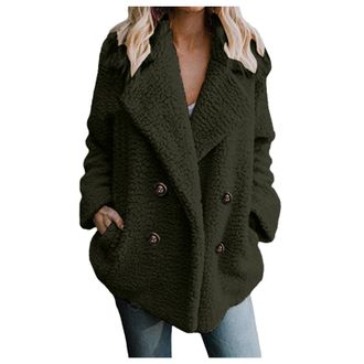 Generic Womens Casual Fuzzy Coats Fleece Faux Fur Teddy Jacket Long Sleeve Solid Jumper Button Down Sherpa Thermal Outerwear Knitted Ribbed Autumn Winter Heav