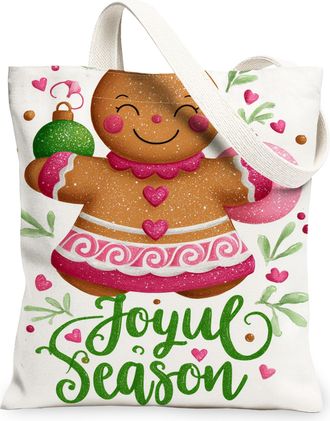 Generic Joyful Season Gingerbread Canvas Tote Bags, Holiday Treat Pattern Reusable Grocery Bags, Winter Lightweight Washable Shoulder Strap Canvas 13x15 Inch