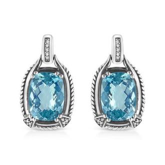 House of Brilliance Silver 14x10MM Cushion Blue Topaz Gemstone and Diamond Accent Dangle Earring in White at Nordstrom