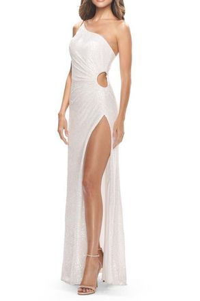 La Femme One Shoulder Sequin Dress with Circle Cut Out in White at Nordstrom, Size 6