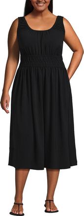 Lands End Plus Size Creaseless Scoop Neck Smocked Midi Dress in Black at Nordstrom, Size 3X