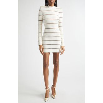Balmain Illusion Stripe Long Sleeve Rib Glitter Knit Body-Con Minidress in Gdk Natural/Gd at Nordstrom, Size 10 Us