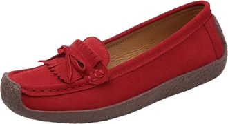 Generic Womens Classic Bowknot Loafers Soft Cow Suede Driving Casual Boat Flat Shoes for Everyday Fashion Comfort (Red, 5.5)