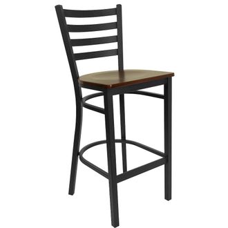 Flash Furniture Black Ladder Back Metal Restaurant Barstool - Mahogany Wood Seat