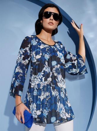 Cr&eacute;ation L Druckbluse CREATION L, Damen, Gr. 36, blau (royalblau, schwarz, bedruckt), 100% Polyester, gebl&uuml;mt, gemustert, mehrfarbig, Rundhals, Blusen Druckbluse