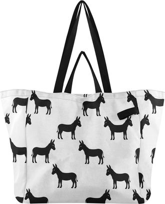 Generic Donkeys White print Reusable Canvas Tote Bag, Heavy Duty Grocery Shopping Bag with Large Capacity Hard Bottom Double Handles Work Groceries Travel