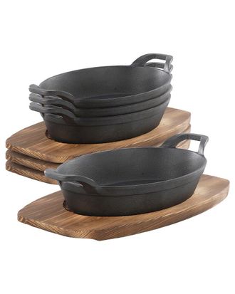 MegaChef 4Pc Mini Cast Iron Oval Pan With Wood Trivet Set