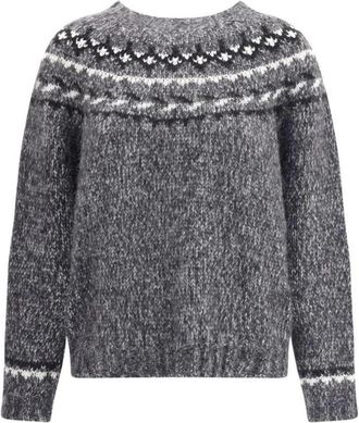 P.A.R.O.S.H. Geometrische Alpaca Sweater met Geribbelde Zoom - Dames - Ronde hals truien - Grijs - M - Wol - Truien & Vesten