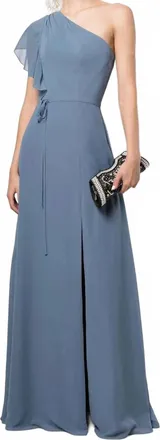 Marchesa Gathered One Shoulder Gown In Slate Blue