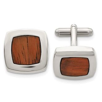 Diamond2Deal Stainless Steel Polished Koa Wood Inlay Rounded Square Cufflinks