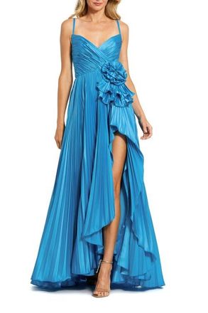Mac Duggal V Neck Pleated Charmeuse Gown in Turquoise at Nordstrom, Size 12