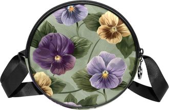 Generic Circle Crossbody Bag for Women, Pansies Vintage Small Sling Bag Daypack with Zipper Adjustable Shoulder Straps Casual Ladies Girls Round Purse