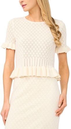 CeCe by Cynthia Steffe Pointelle Knit Ruffle Trim Peplum Sweater in Pure White at Nordstrom, Size Xx-Large
