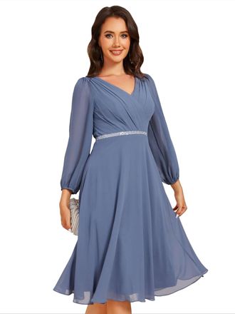 Ever-pretty Women Dress Elegant Wedding Guest V-Neck Chiffon Midi Dress with Sheer Sleeves and Rhinestone Belt Dusty Blue 20UK
