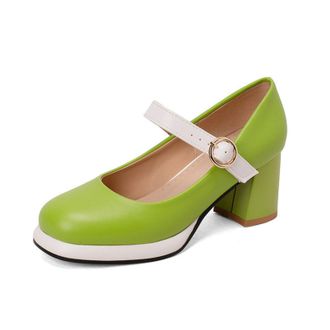 Generic Womens Mary Jane Pumps with Chunky Heel & Ankle-Strap - Comfortable Office Shoes for Work, Daily Wear,Green,5.5 UK