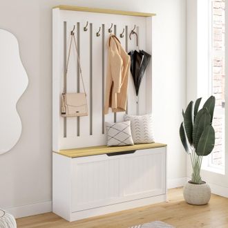 IDMarket Aparador De Entrada Leon: Mueble Para Zapatos Y Perchero Con 6 Ganchos Y Banco, Ideal Para La Entrada, El Sal&oacute;n O El Dormitorio