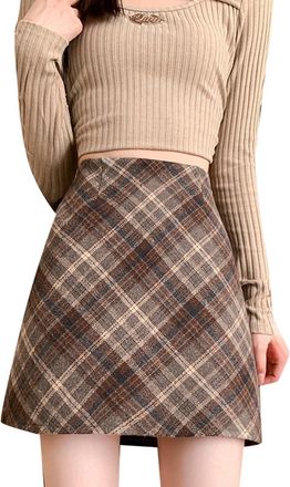 Generic Autumn Tartan Mini Skirt High Waist Slim Fit Fashion Plaid Skirt with Pockets for Casual Wear (Coffee, M)