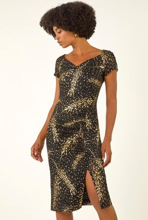 Roman Foil Print Lace Ruched Dress