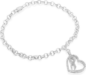 House of Brilliance 925 Sterling Silver 1/4 Cttw Diamond-Accented Heart and Ribbon Charm 7 Link Chain Bracelet