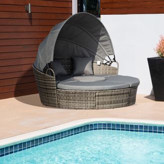 OUTSUNNY Rattan Garden Daybed Sun Lounger Sofa Set w/ Canopy in Dark Grey