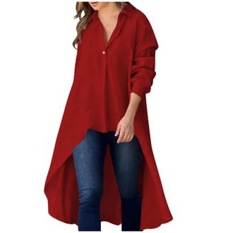 Generic Womens Elegant Shirt High Low Long Hem Button Lapel Collar Long Sleeve Tops Baggy Casual Outdoor Blouse Red Long Sleeve Tshirt Women XL