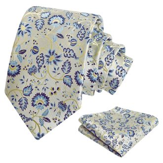 Alizeal Mens 8cm Floral Ties for Men Wedding Party Classic Formal Necktie and Pocket Square Set, Light Yellow+Navy+Blue