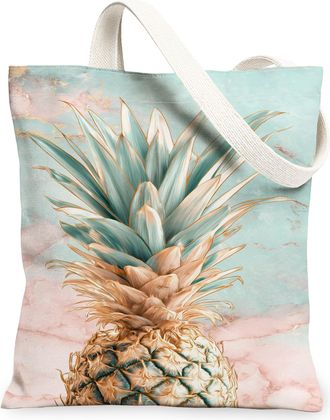 Generic Pineapple Canvas Tote Bags, Tropical Fruit Pattern Reusable Grocery Bags, Summer Vintage Lightweight Washable Shoulder Stra, Blue, 13x15 Inch