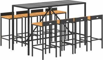 vidaXL Mesa Bar Y Taburetes Jard&iacute;n 9 Pzas Madera Acacia Rat&aacute;n Pe Negro Vidaxl