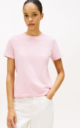 Tommy Hilfiger Kurzarmshirt TOMMY HILFIGER REG CORP LOGO C-NK mit Logoschriftzug und Stickerei, Damen, Gr. XXL (44), pink, Jersey, Obermaterial: 100% Baumwolle, bedr