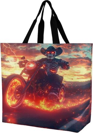 Generic Skeleton Motorcross Fire Large Reusable Shopping Bag Lightweight Foldable Tote Bags Washable Shoulder Handbag