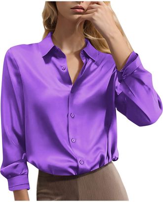 Generic Satin Shirt for Women UK Elegant Silk Long Sleeve Button-Down Shirts with Collar Business Casual Shirt Ladies Office Work Blouse Lightweight Collared 