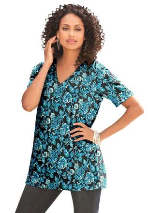 Roaman's Plus Size Cotton Ultimate V-Neck Tee in Black Watercolor Floral at Nordstrom, Size 3X