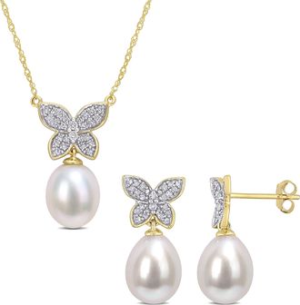 Mimi & Max 1/4ct TDW Diamond with 8.5-10mm White Cultured Freshwater Pearl Drop Butterfly Earrings and Pendant Set in 10k Yellow Gold