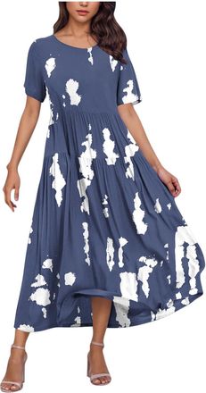 Generic Maxi Dresses for Women UK,Ladies Floral Summer Dresses Elegant Short Sleeve Flower Print Casual Loose Beach Long Dress Round Neck Bohemian Holiday Par