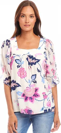Karen Kane Corrine Contrast Square Neck Top In Pink And Blue Print