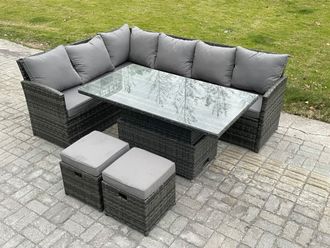 Fimous Wicker PE Outdoor Rattan Garden Furniture Set Height Adjustable Rising Lifting Table Sofa Dining Set with 2 Small Footstools in Dark Grey