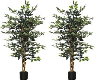 HOMCOM 2 Ficus Artificiales Con Troncos 130 Cm Plantas Artificiales Con Macetas Y 702 Hojas Realistas Para Decoraci&oacute;n Del Hogar Dormitorio &Oslash;15x130 Cm Verde