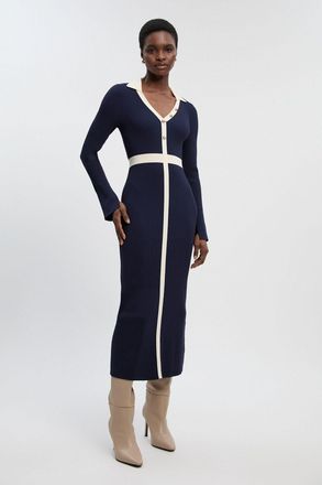 Karen Millen Womens Knit Rib With Contrast Waist Detail Collared Midi Dress - Navy Polyamide - Size X-Small