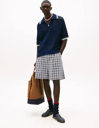 Tommy Hilfiger Mens Wide-Leg Check Chino Short - Navy - M