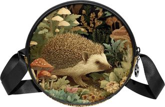 Generic Circle Crossbody Bag for Women, Cute Hedgehog Mushroom Small Sling Bag Daypack with Zipper Adjustable Shoulder Straps Casual Ladies Girls Round Purse