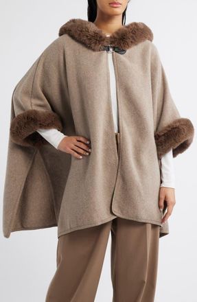 La Fiorentina Faux Fur Trim Hooded Ruana in Tan at Nordstrom