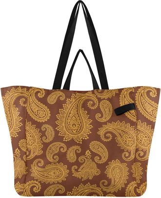 Generic Paisley Brown print Reusable Canvas Tote Bag, Heavy Duty Grocery Shopping Bag with Double Handles Hard Bottom Large Capacity Work Groceries Travel