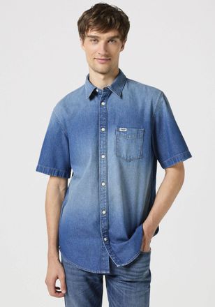 Wrangler Kurzarmhemd WRANGLER KA 1 PKT SHIRT, Herren, Gr. M, N-Gr, blau (mid stone), Denim/Jeans, Obermaterial: 100% Baumwolle, Hemden Kurzarmhemd
