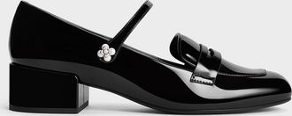 Charles & Keith Patent Pearl-Embellished Flower-Buckle Mary Jane Loafers