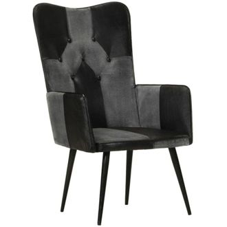 vidaXL Poltrona Wingback Nera e Grigia in Vera Pelle - Vidaxl