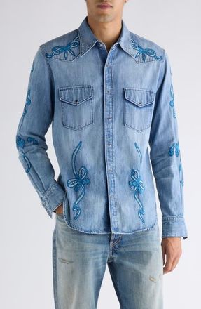 Acne Studios Surrow Embroidered Organic Cotton Denim Western Shirt in Blue/Blue at Nordstrom, Size 38 Us