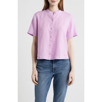 Eileen Fisher Short Sleeve Organic Linen Button-Up Shirt in Bright Aster at Nordstrom, Size Xx-Small