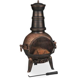Relaxdays Relaxdays - Chimenea Exterior, Estufa Terraza, Con Atizador, Hierro Fundido, Protecci&oacute;n Antichispas, 86x46x38 Cm, Bronce