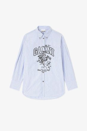 Ganni Blue Stripe Logo Shirt - Size 8/10 Organic Cotton